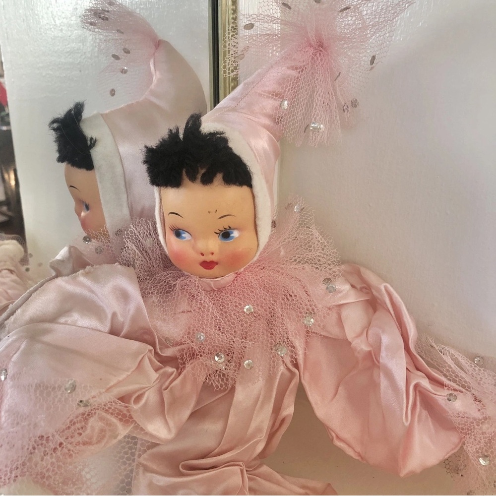 Vintage 50s Pink Pixie Girl Pierrot Clown Doll Hand Made Boudoir Posable 22”